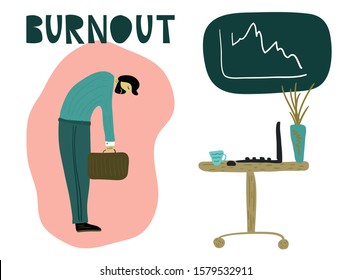 Tired man with a briefcase, head down in front of an office table with a laptop. Overwhelmed workaholic has no energy to move on. Professional burnout, low energy. Flat cartoon vector illustration. 