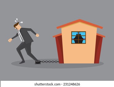 Tired man in business suit chained on ankle and a house at the other end of chain. Conceptual vector illustration for home loan liability isolated on grey plain background. 