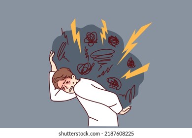 Tired Man Carrying Huge Boulder Of Problems On Back. Unhappy Exhausted Guy With Burden Of Anxiety And Overthinking. Stress Free Life Concept. Vector Illustration. 