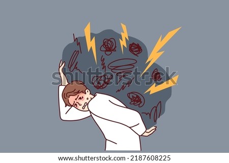 Tired man carrying huge boulder of problems on back. Unhappy exhausted guy with burden of anxiety and overthinking. Stress free life concept. Vector illustration. 