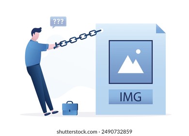 Tired man chained to large picture or photo icon. Dependence on viewing social networks. Cyber addiction. Male designer chained on big chain to work. Burnout, lack of creativity. vector illustration