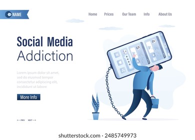 Tired man chained to smartphone and carries it on his back. Social media addiction, landing page template. Unhappy businessman spending all time in gadget and social network. Flat vector illustration