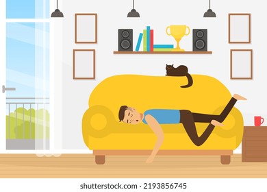 Tired Man Character Fallen Asleep on Sofa with Black Cat Sitting on Top Vector Illustration
