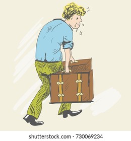 Tired man climbs uphill. The blond man carries heavy suitcases, sweating. He has a stooped posture. The boy is dressed in a blue shirt and green pants. Sketch style. Vector illustration