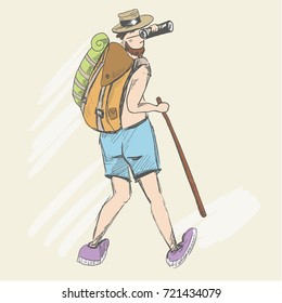 The tired man climbs uphill, looking through binoculars. A man with a naked torso is looking for a road. He carries a stick. Hike and travel. Behind the his back he carry a backpack and tourist foam.