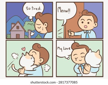 Tired Man Coming Home and Hugging His Cute Cat Comic Strip