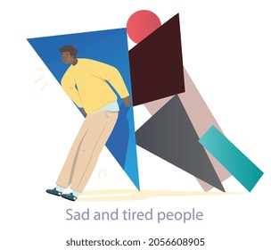 Tired man concept. Male character keeps his problems and tasks. Person cannot cope with load and pressure. Unhappy busy employee. Cartoon flat vector illustration isolated on white background