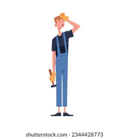 Tired Man Construction Worker Character Standing with Hammer Engaged in Roof Repair Vector Illustration