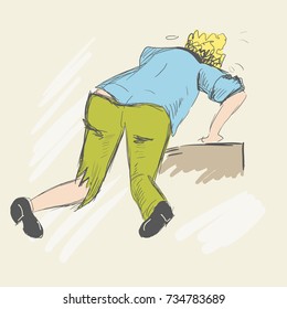 A tired man crawls on all fours. A person is sick. Perhaps a teenager drank a lot of alcohol after a noisy party. Or a boy blonde is trying to crawl to the goal. Sketch style. Vector illustration