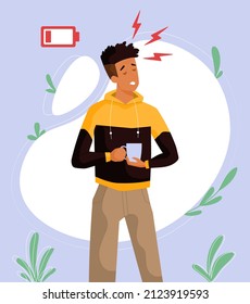 Tired man with cup. Bored worker. Emotional burnout and low energy levels. Coffee or tea, morning drink. Lack of sleep, wrong daily routine, unhealthy lifestyle. Cartoon flat vector illustration