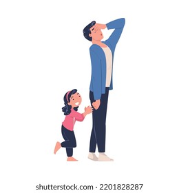 Tired Man Dad Exhausted with Noisy and Energetic Daughter Claiming Attention Vector Illustration