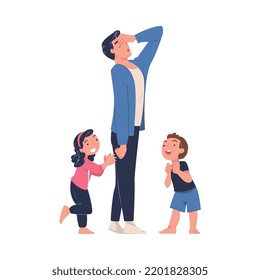 Tired Man Dad Exhausted with Noisy and Energetic Kids Playing Around Vector Illustration