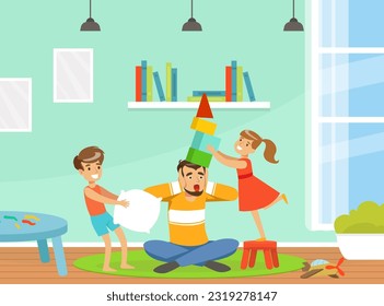 Tired Man Dad Shouting with Naughty Children with Toy Blocks and Pillow Playing Around Vector Illustration