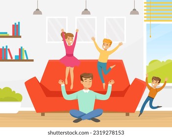 Tired Man Dad Sitting in Yoga Pose with Naughty Children Jumping on Sofa Vector Illustration