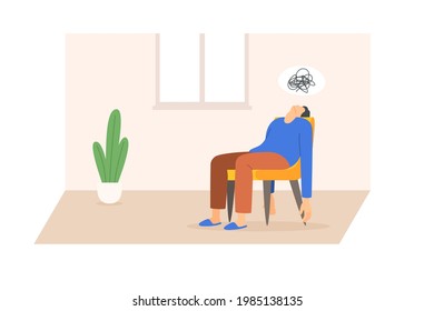 Un hombre cansado en depresión se sienta en una silla. Joven triste con pensamientos confusos. El concepto de agotamiento emocional profesional, apatía, una difícil situación psicológica. Ilustración del vector