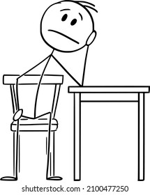 Tired man in depression sitting on chair at home and thinking, vector cartoon stick figure or character illustration.