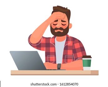Tired man at the desktop. Headache or illness at work. Overwork and difficulties of an office worker. Vector illustration in cartoon style
