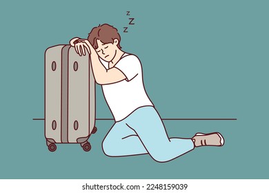 Tired man dozing resting head on travel suitcase after difficult business trip. Homeless young guy with bag on wheels sleeps sitting on ground after being evicted from home. Flat vector image 