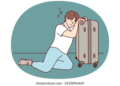 Tired man dozing resting head on travel suitcase after difficult business trip. Homeless young guy with bag on wheels sleeps sitting on ground after being evicted from home. Flat vector image