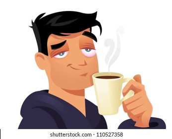 Tired man drinking coffee on white background