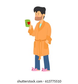 Tired man drinking coffee on white background. vector illustration