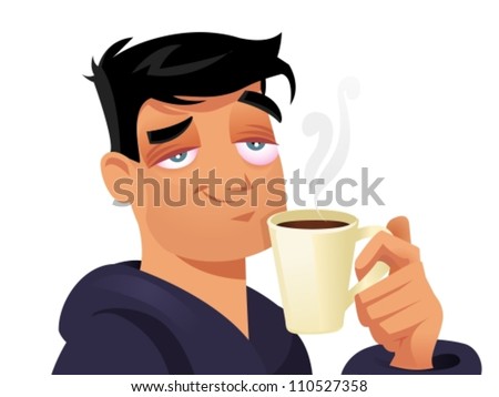 Tired man drinking coffee on white background