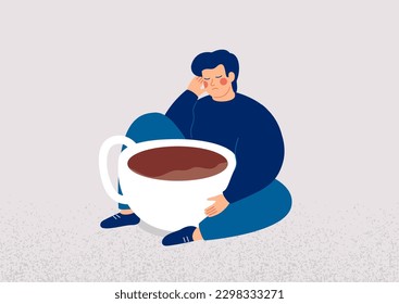 Tired Man embraces coffee cup and sleeps. Sad male person has addiction from Caffeine. Unhealthy food habits concept. Vector illustration