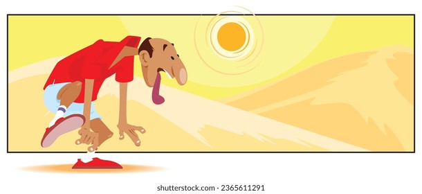 Tired man. Exhausted traveler in desert. Funny people. Illustration concept template for website, web landing page, banner, presentation, social, poster, promotion or print media.
