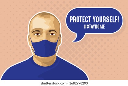 Tired man face in protective mask with message Protect yourself in blue bubble