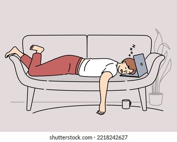 Tired man fall asleep working on laptop on couch. Exhausted male overwhelmed with computer work sleep in sofa at home. Fatigue and overwork. Vector illustration. 