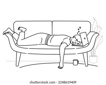 Tired man fall asleep working on laptop on couch. Exhausted male overwhelmed with computer work sleep in sofa at home. Fatigue and overwork. Vector illustration. 