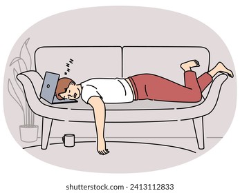 Tired man fall asleep working on laptop on couch. Exhausted male overwhelmed with computer work sleep in sofa at home. Fatigue and overwork. Vector illustration.