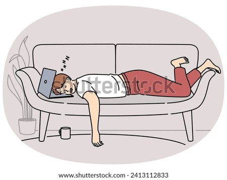 Tired man fall asleep working on laptop on couch. Exhausted male overwhelmed with computer work sleep in sofa at home. Fatigue and overwork. Vector illustration.