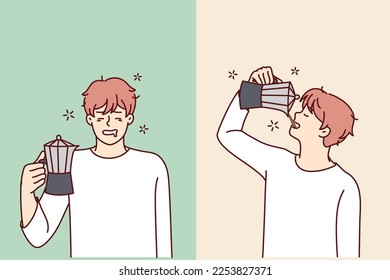 Tired man feels relieved and cheerful while drinking coffee from jug. Sick guy after sleepless night or hangover drinks healing drink that uplifts mood and relieves pain in head. Flat vector design 