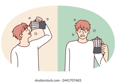 Tired man feels relieved and cheerful while drinking coffee from jug. Sick guy after sleepless night or hangover drinks healing drink that uplifts mood and relieves pain in head. Flat vector design