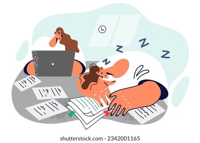 Tired man fell asleep doing paperwork and sitting at table with female colleague. Hardworking girl with laptop looks angrily at lazy subordinate refusing to do paperwork and perform official duties