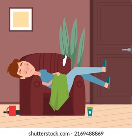 Tired man fell asleep in evening at home in armchair. Person is resting after hard day at work. Male character lying on couch with closed eyes in living room interior. Relaxation paerson in dream