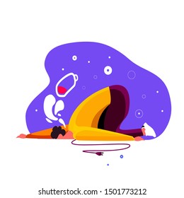 Tired man fell on the floor laid his exhausted head. Overwhelmed workaholic got his batter low, has no energy to move on. Frustrated guy in a terrible fatigue and weakness. Flat vector illustration