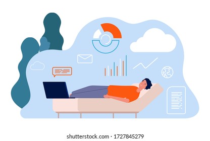 Tired man. Freelancer, remote worker sleep on sofa with laptop vector illustration