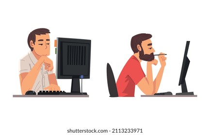 Tired Man in Front of Computer Screen Doing Work Routine in the Office Vector Set