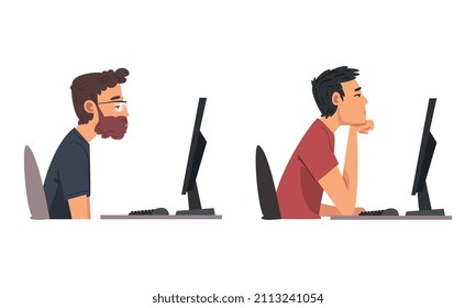 Tired Man in Front of Computer Screen Doing Work Routine in the Office Vector Set