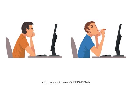 Tired Man in Front of Computer Screen Doing Work Routine in the Office Vector Set