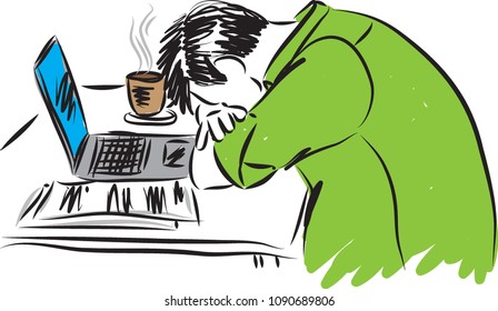 TIRED MAN IN FRONT COMPUTER vector illustration