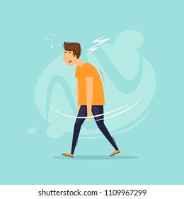 Tired man goes. Flat design vector illustration.