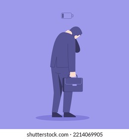 Tired man goes home from work. The concept of burnout, dead battery, lack of energy. Middle age crisis. Flat illustration