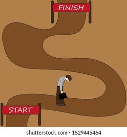 Tired man goes from start to finish
