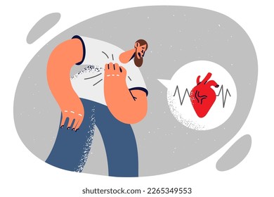 Tired man grabbing heart due to severe shortness of breath after long walk or exercise. Sick guy with symptoms of heart disease puts hand to chest and grimaces in pain needs trip to cardiologist 