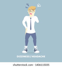 tired man having dizziness, headache, migraine, confuse, health care disease symptoms concept, background,flat vector illustration cartoon character design clip art