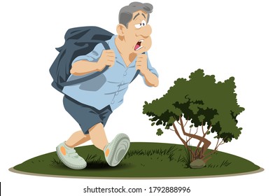Tired man with heavy backpack. Funny people.