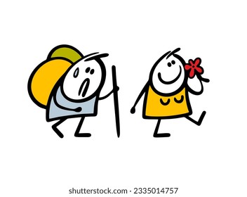 Tired man with a heavy backpack on a hike and a cheerful woman with a wildflower is walking. Vector illustration of a husband and wife on a tourist trip. Funny person isolated on white background.